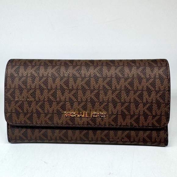 Michael Kors Large Jet Set Travel Trifold Wallet Brown Signature - Picture 1 of 8